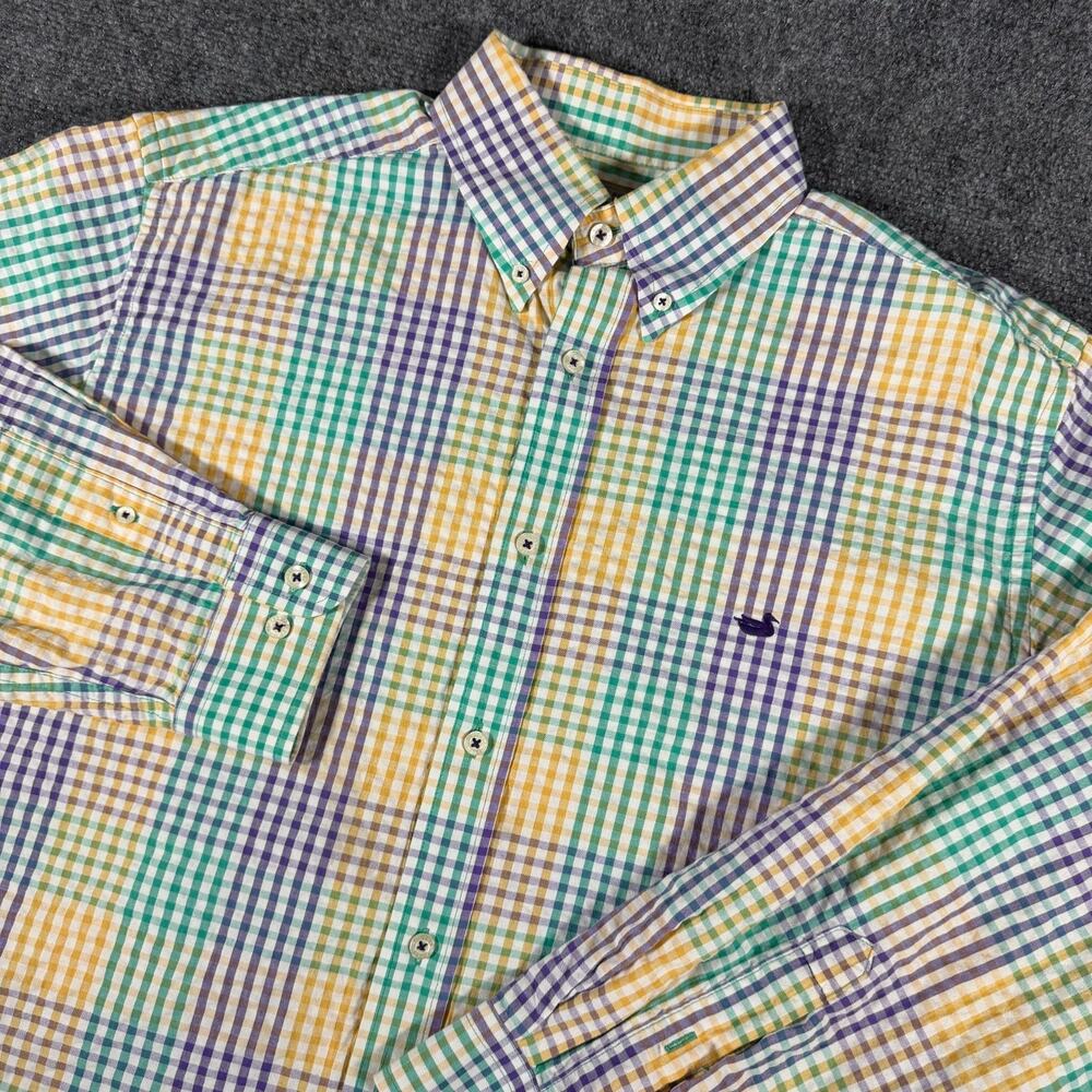 Southern Marsh Mens L Everett Gingham Seersucker LS Dress Shirt Mardi Gras